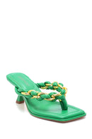 Women's Green Braided Flip Flops Heeled Slippers | Derimod