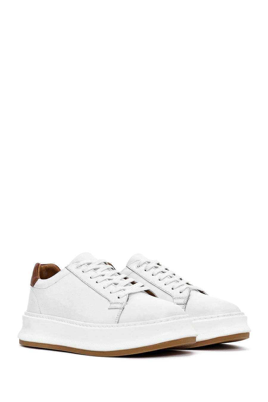 Men's White Lace-up Thick-Sole Leather Sneaker