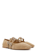 Women's Mink Double Buckled Suede Leather Ballerina | Derimod