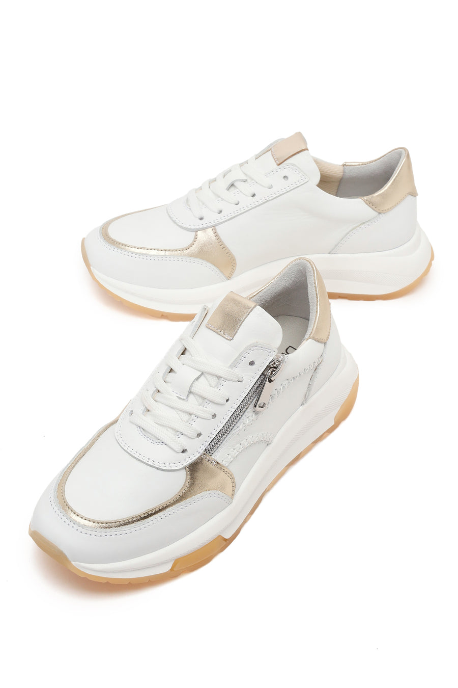 Woman White Lace-Up Zip Closure Thick-Soled Leather Sneaker