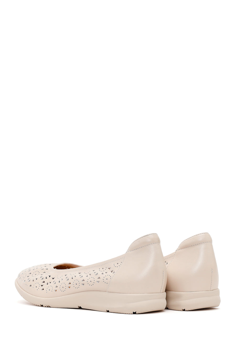 Women's Cream Patterned Leather Ballet Flats