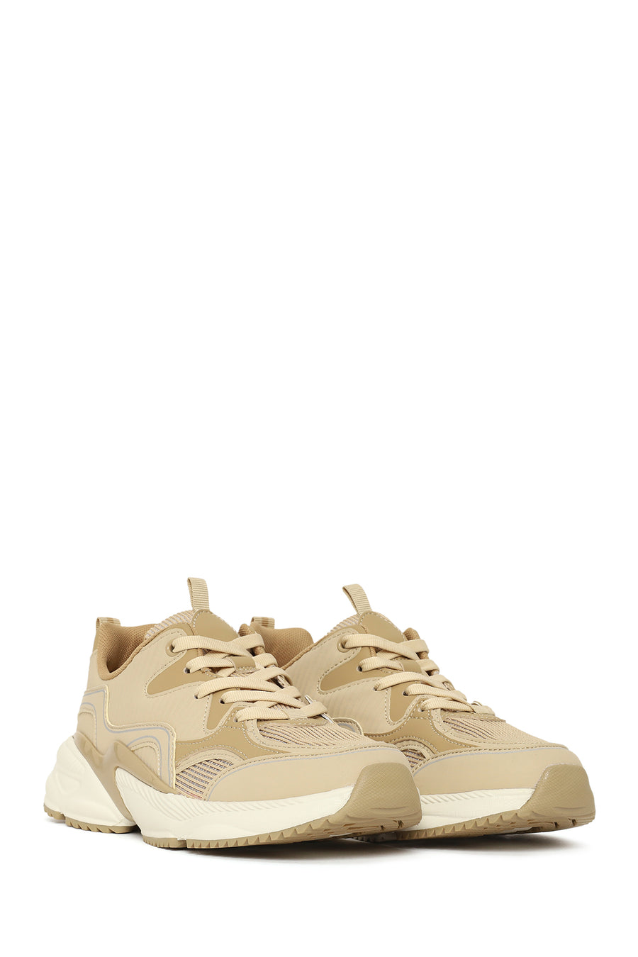 Woman Beige Thick-Soled Lace-Up Sneakers