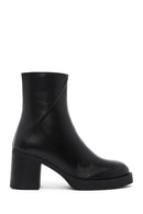 Woman Black Zip Closure Thick-Heeled Leather Boots | Derimod