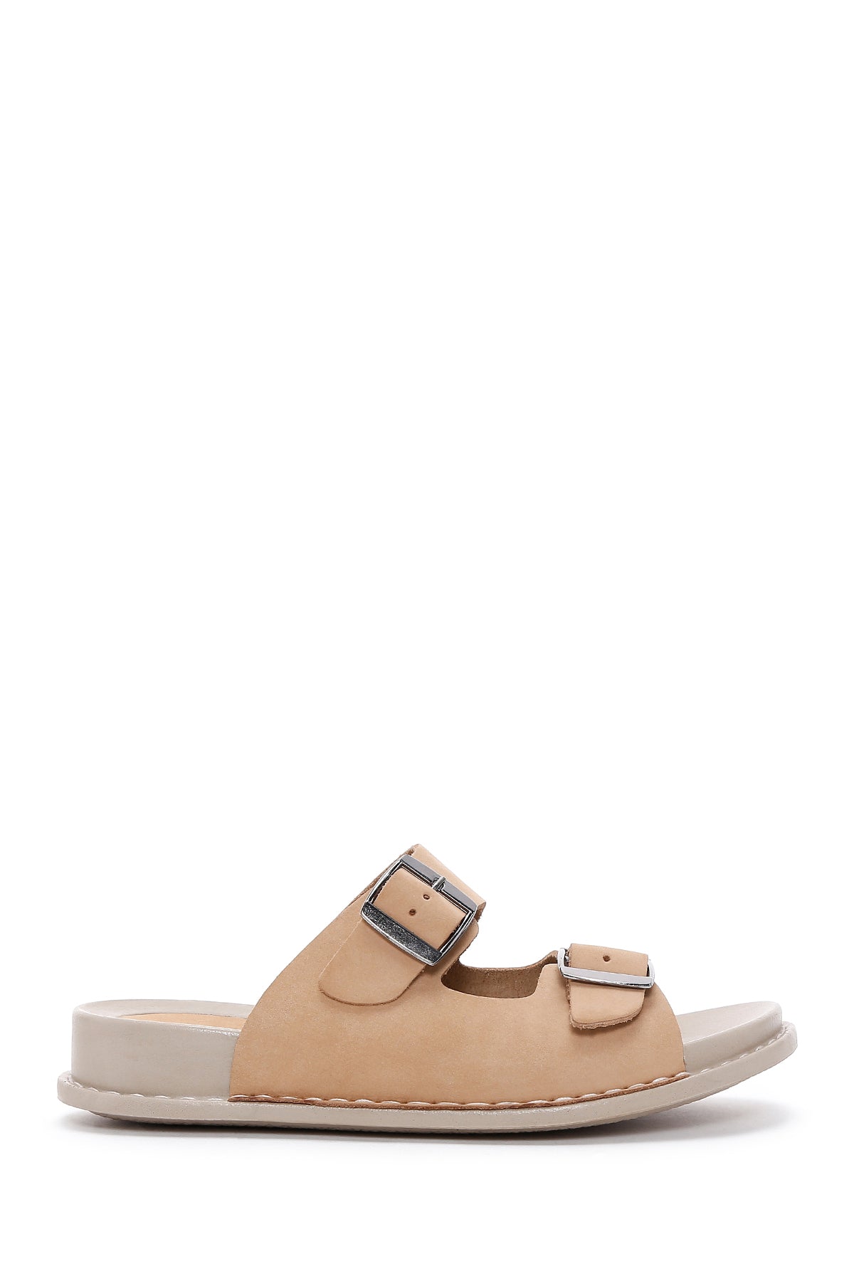 Women's Beige Double Buckle Nubuck Leather Slippers 24SFD5000V3 | Derimod