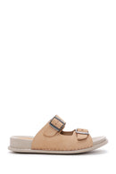 Women's Beige Double Buckle Nubuck Leather Slippers | Derimod