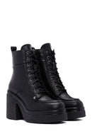 Women's Black Leather Zippered Platform Heeled Boots | Derimod