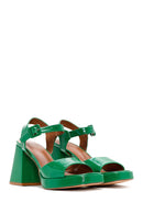 Women's Green Patent Leather Thick Heeled Sandals | Derimod