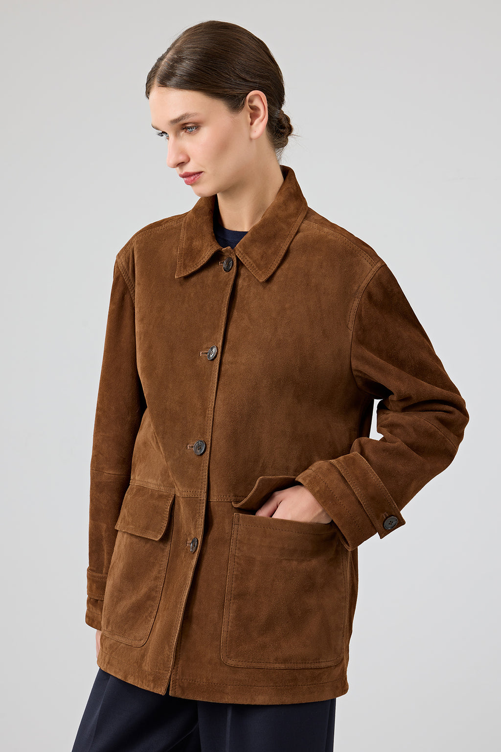 Petra Kadın Kahverengi Gömlek Yaka Oversize Süet Deri Ceket