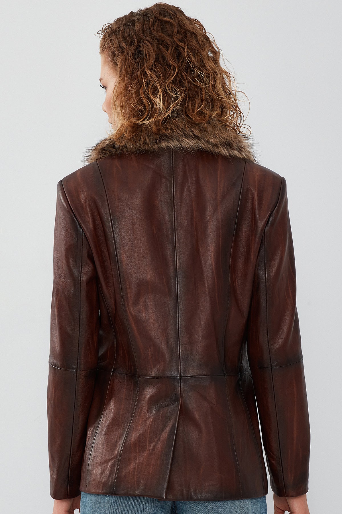 Anastasia Kadın Kahverengi Yakası Kürklü Blazer Deri Ceket