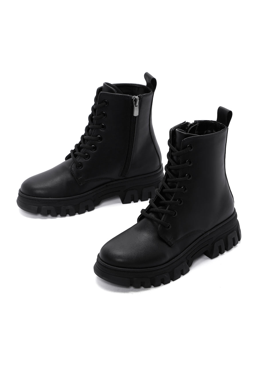 Women's Black Lace-Up Zipper Detailed Combat Boots