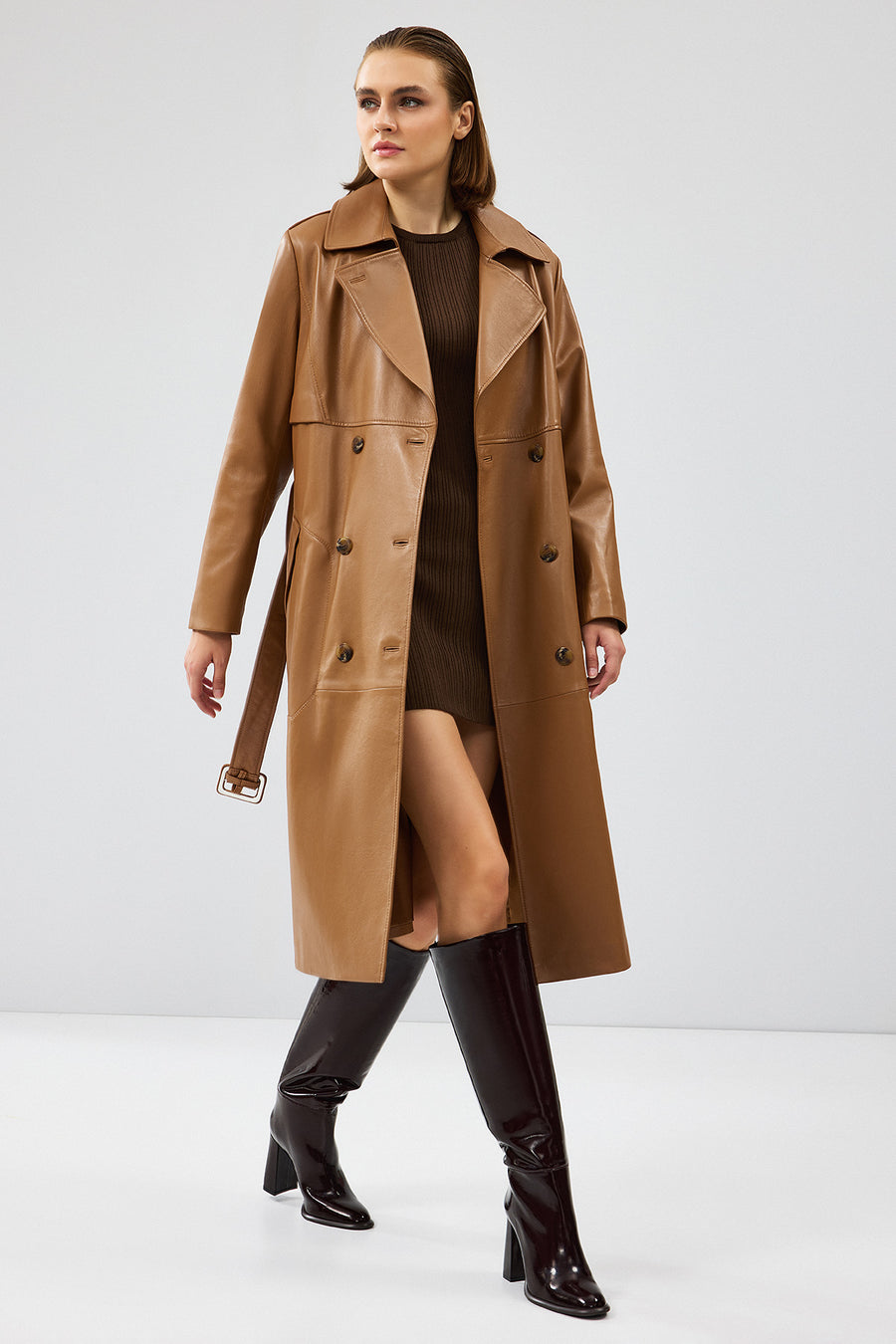 Natalia Women's Brown Leather Trench Coat