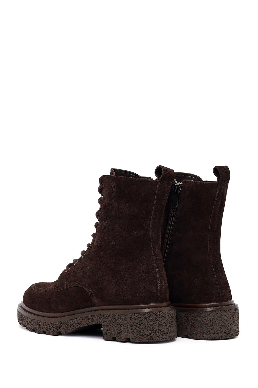 Woman Brown Zip Closure Thick-Soled Suede Combat Boots