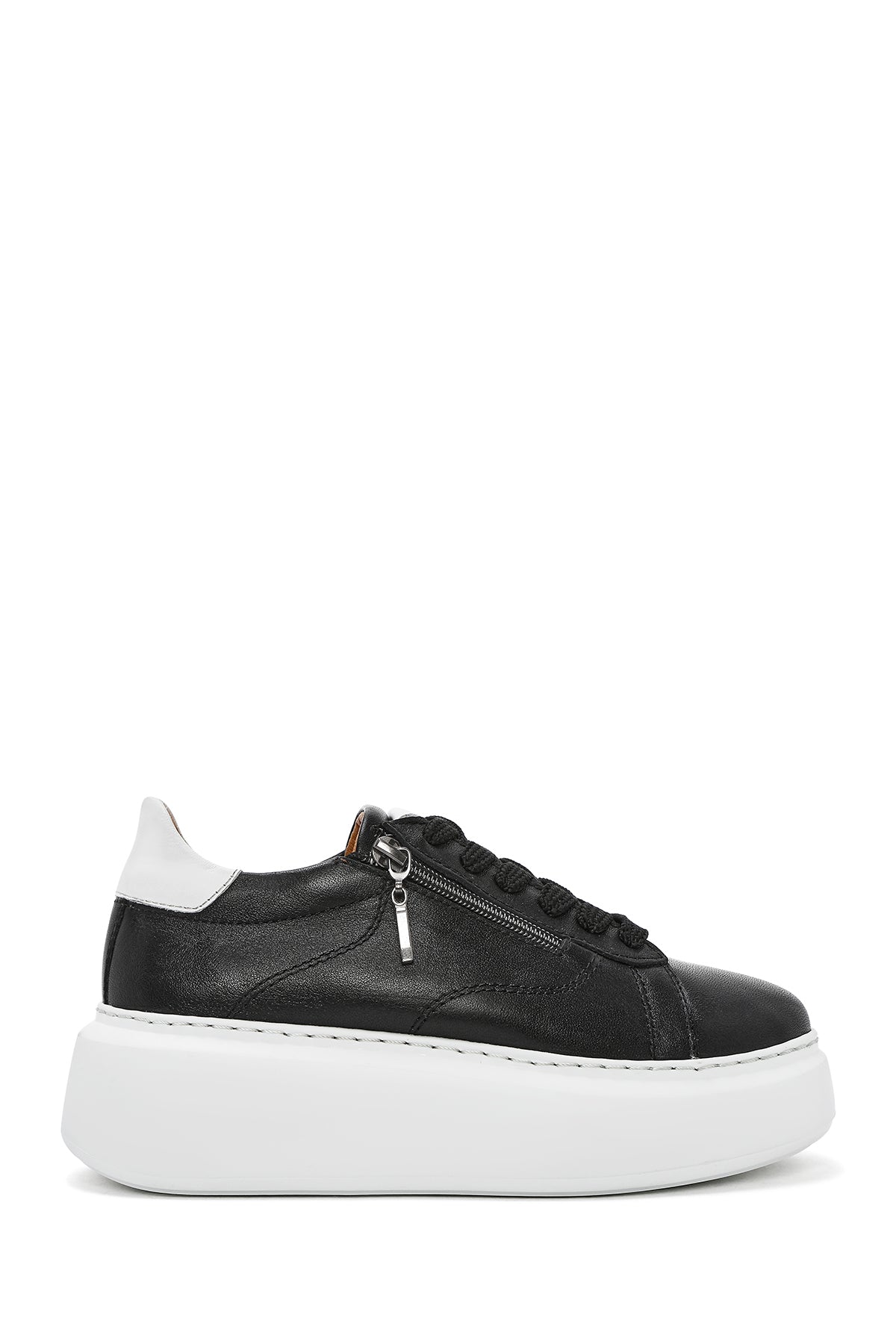 Women's Black Zippered Lace-Up Thick-Sole Leather Sneakers 25SFD511118 | Derimod