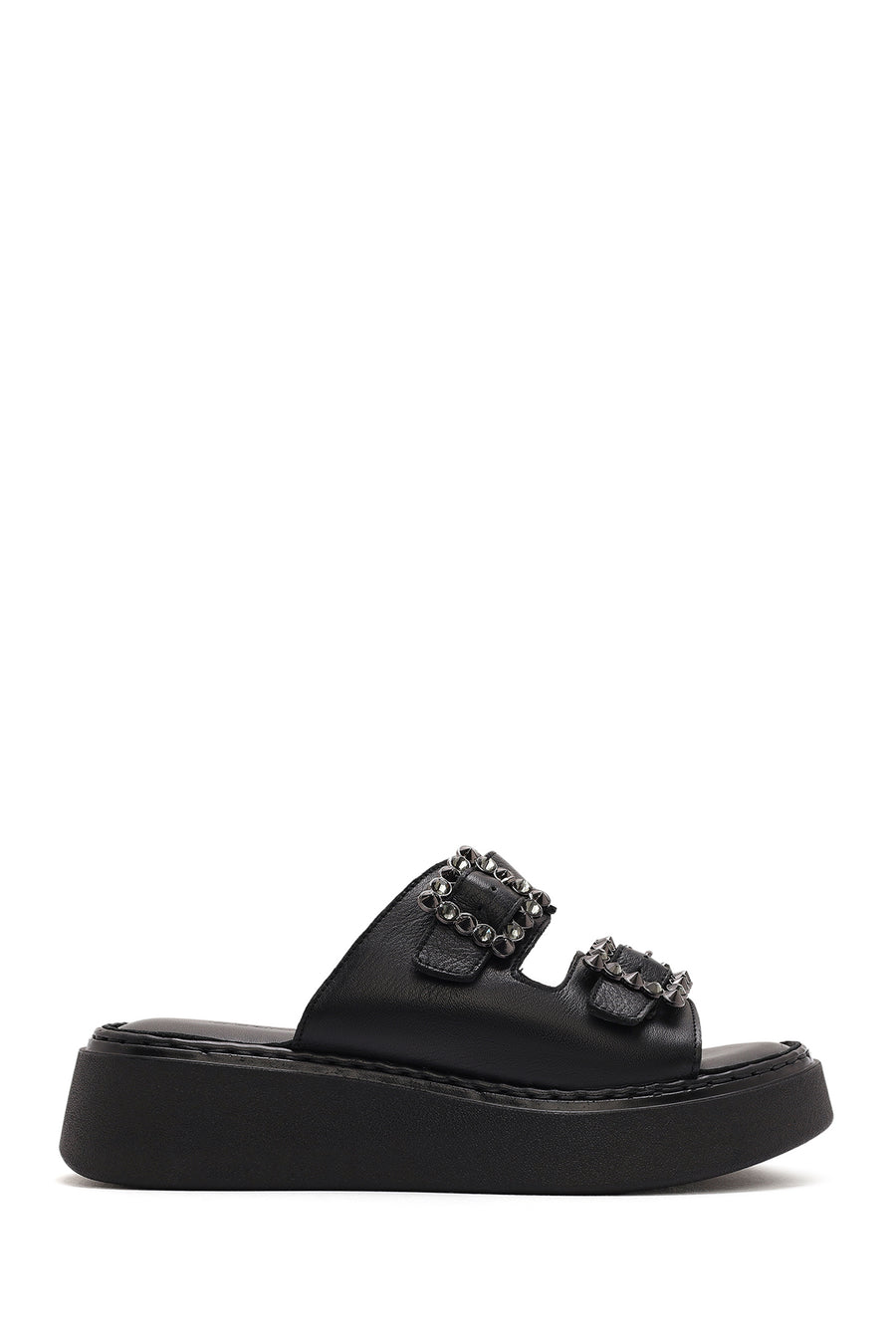 Women's Black Double Buckled Thick Soled Leather Comfort Slippers 25SFD341518 | Derimod