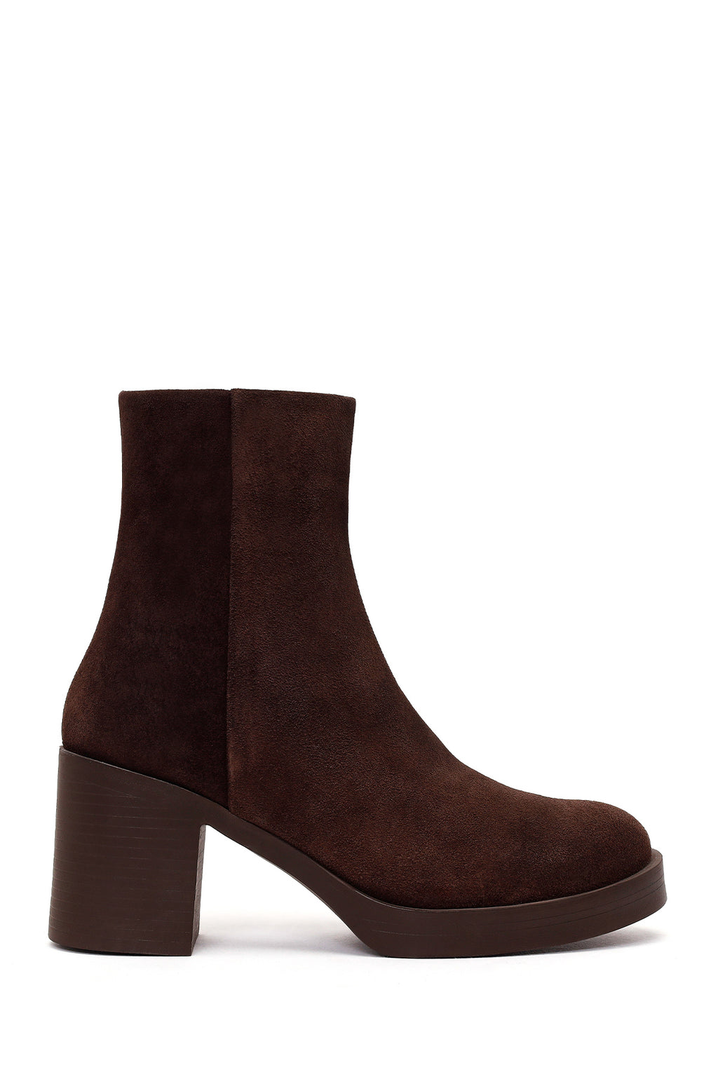 Kadın Kahverengi Fermuarlı Platform Kalın Topuklu Süet Deri Bot