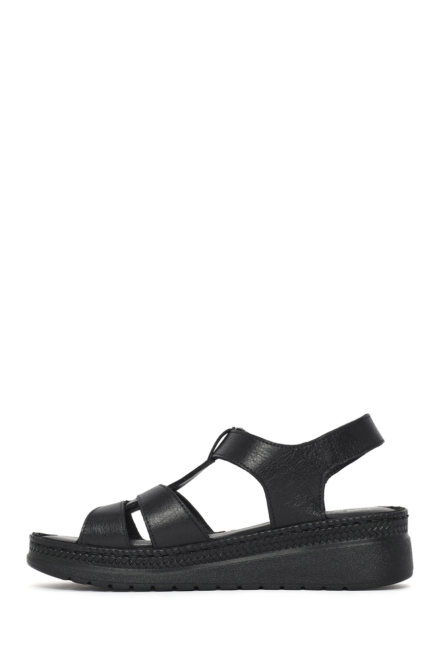 Women's Black Thick Soled Leather Comfort Sandals