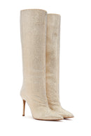 Women's Gold Thin Heeled Stone Leather Boots | Derimod