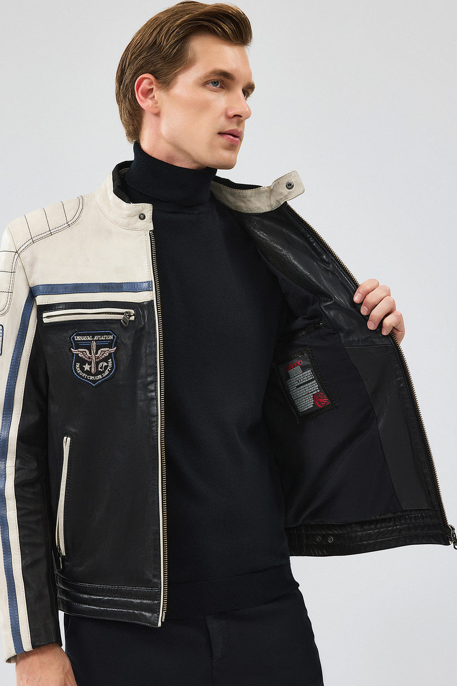 Takeoff Men's Black Leather Jacket with Emblem