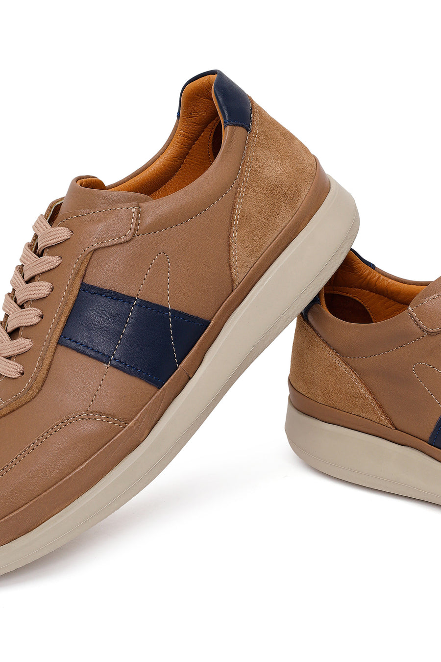 Erkek Bej Bağcıklı Deri Casual Sneaker