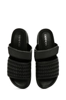 Women's Black Knit Leather Slippers | Derimod