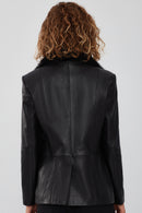 Anais Women's Black Fur Collar Blazer Leather Jacket | Derimod