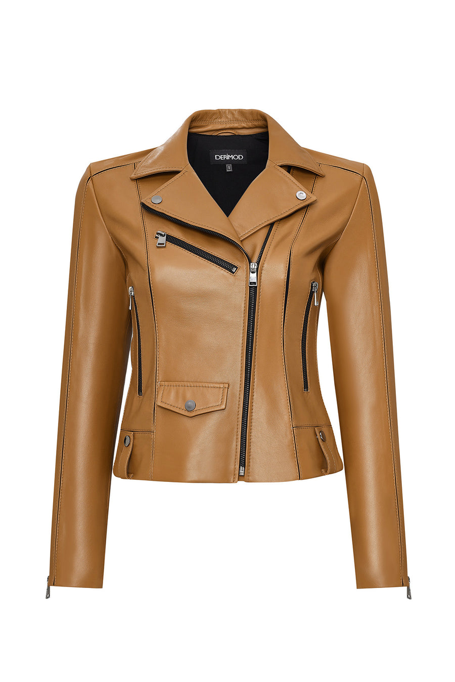 Bella Women Camel Biker Short Leather Jacket 25SGD5106U4 | Derimod