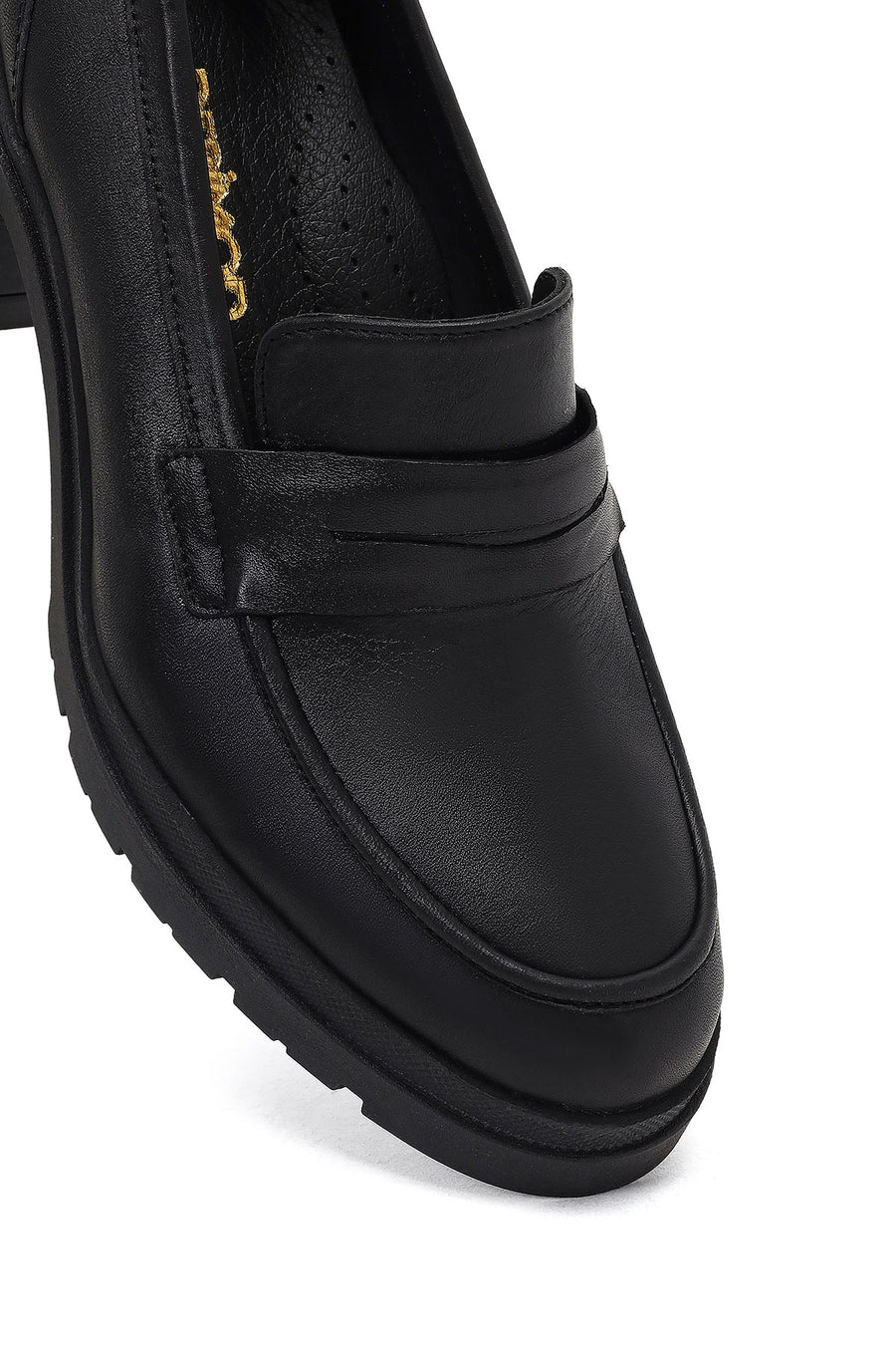Kadın Siyah Kalın Topuklu Deri Maskülen Loafer