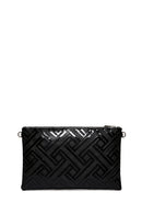 Women's Black Chain Strap Patterned Patent Leather Clutch Bag | Derimod