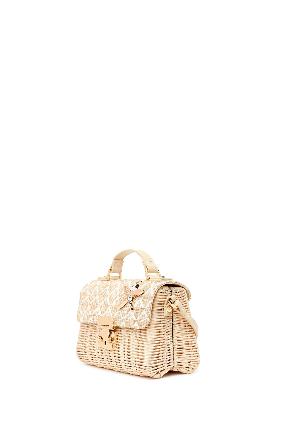 Woman Beige Long-Strap Stone-Embellished Woven Mini Crossbody Bag