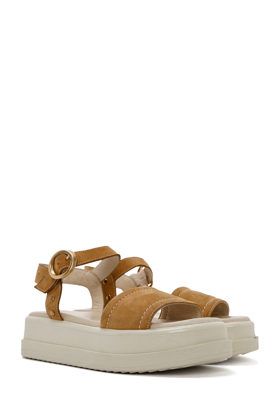 Women's Tan Ankle Buckle Thick Soled Nubuck Leather Sandals