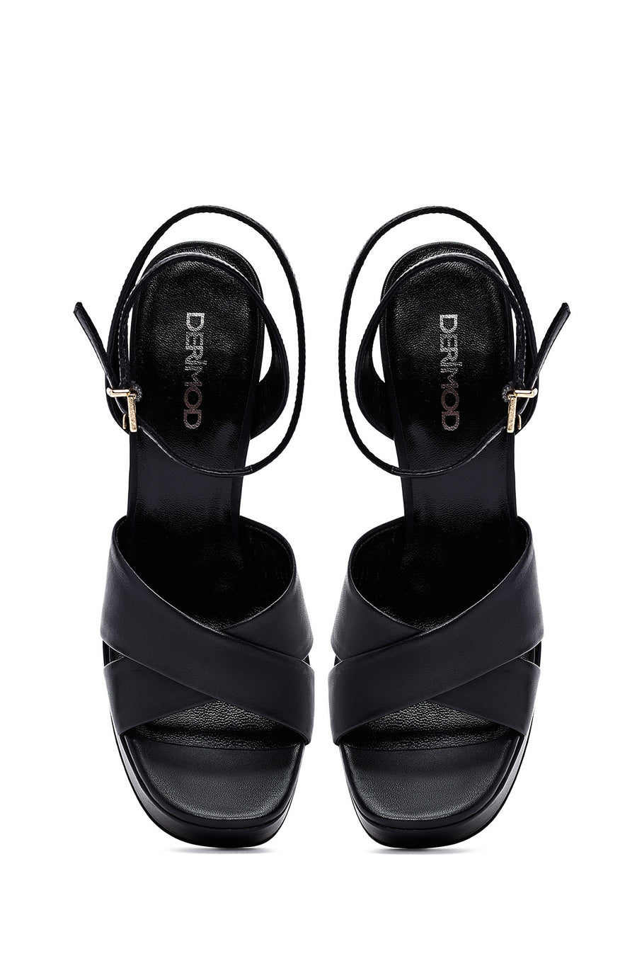 Women's Black Ankle Buckle Platform High Thick Heel Leather Sandals