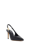 Woman Black Buckled Open Back Patterned Thin Heel Leather Shoe | Derimod