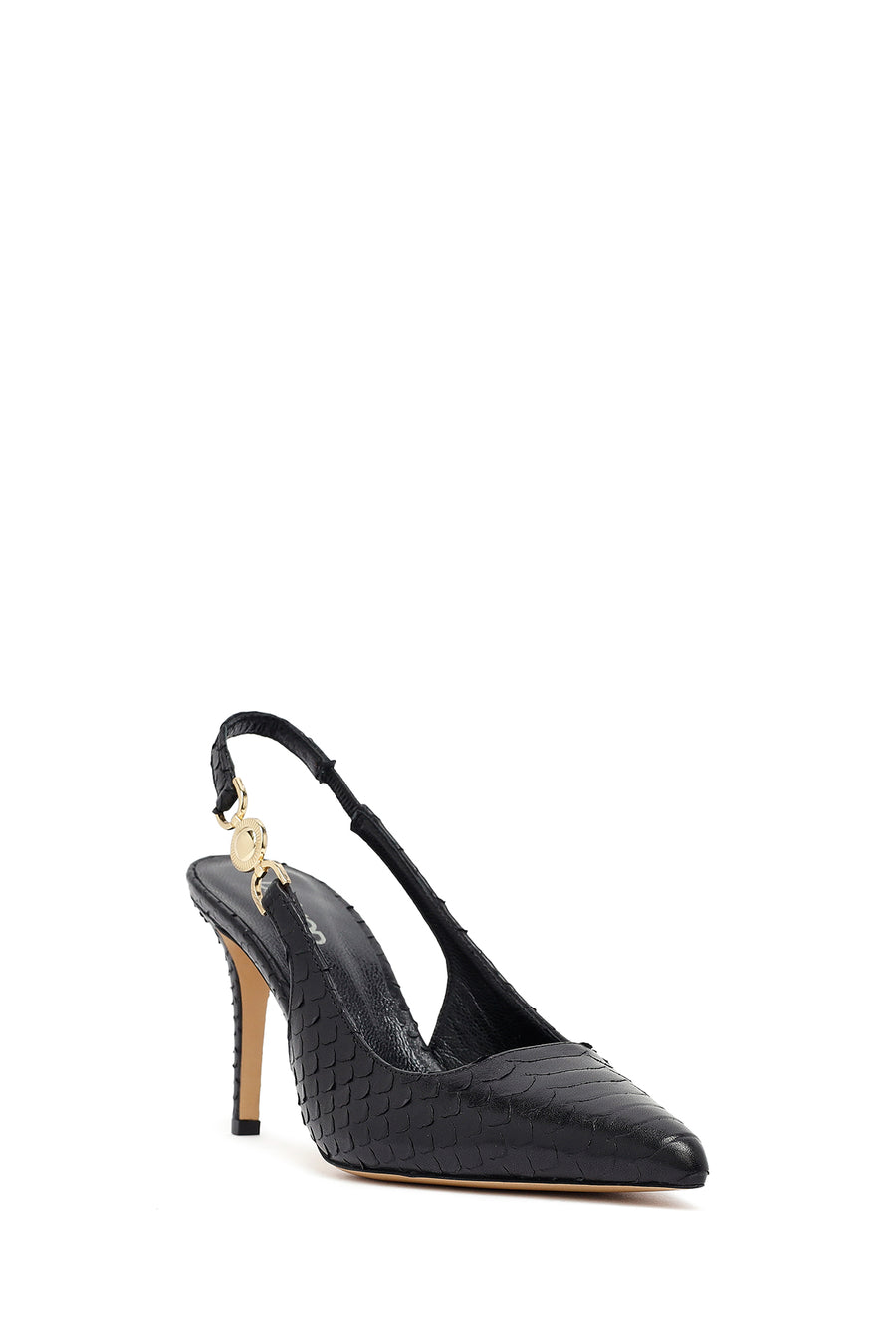 Woman Black Buckled Open Back Patterned Thin Heel Leather Shoe