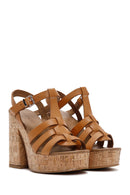 Women's Tan Leather Platform Heeled Sandals | Derimod