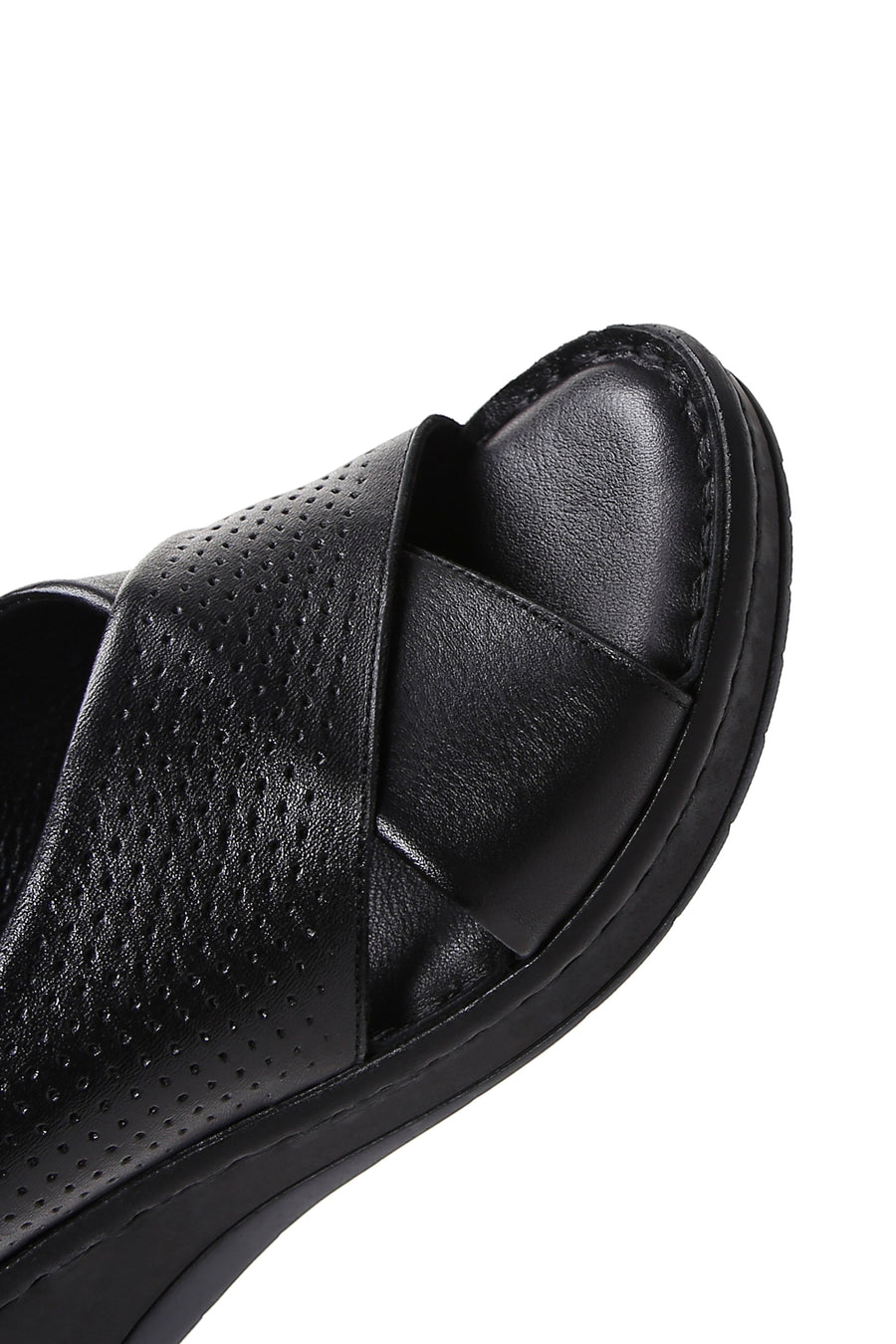 Women's Black Wedge Heeled Leather Comfort Sandals with Ankle Strap