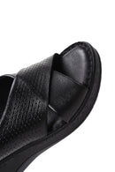 Women's Black Wedge Heeled Leather Comfort Sandals with Ankle Strap | Derimod