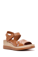 Women's Tan Thick Soled Leather Comfort Sandals with Ankle Strap | Derimod