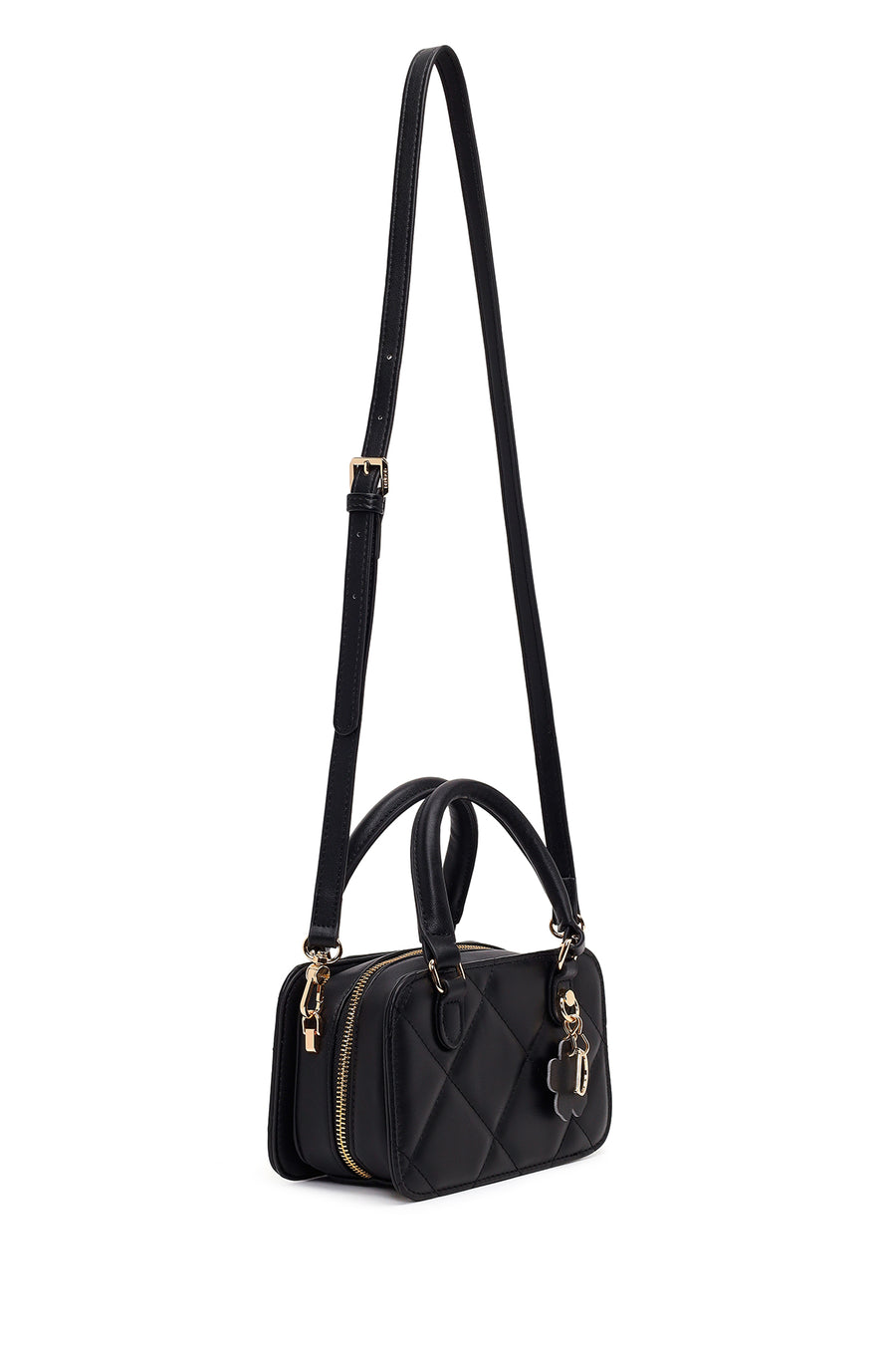 Woman Black Long-Strap Quilted Charmed Mini Shoulder Bag