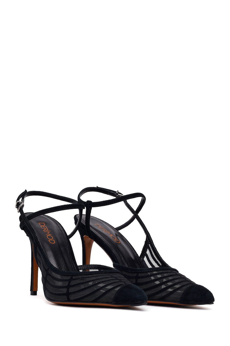 Woman Black Ankle-Buckle High Slim-Heel Leather Shoes