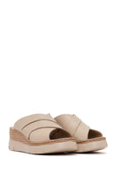 Woman Cream Wedge Heel Leather Comfort Slippers | Derimod