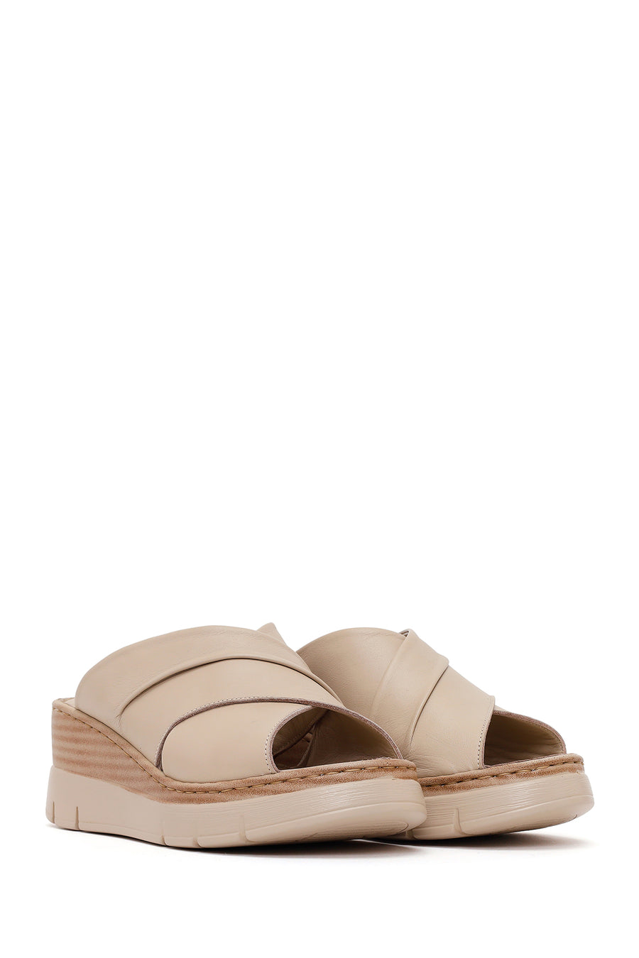 Woman Cream Wedge Heel Leather Comfort Slippers
