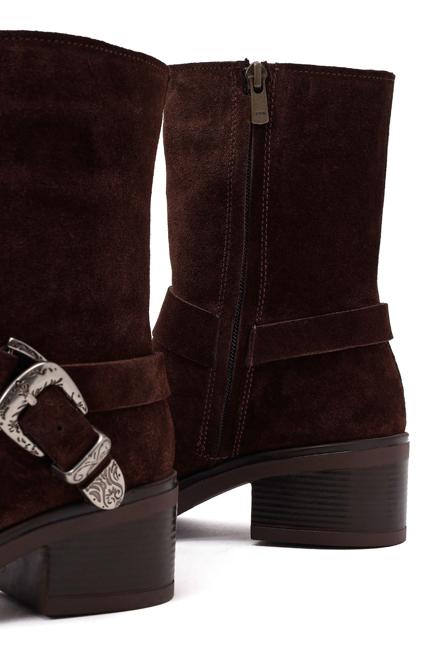 Woman Brown Zip Closure Chunky Heeled Suede Boots
