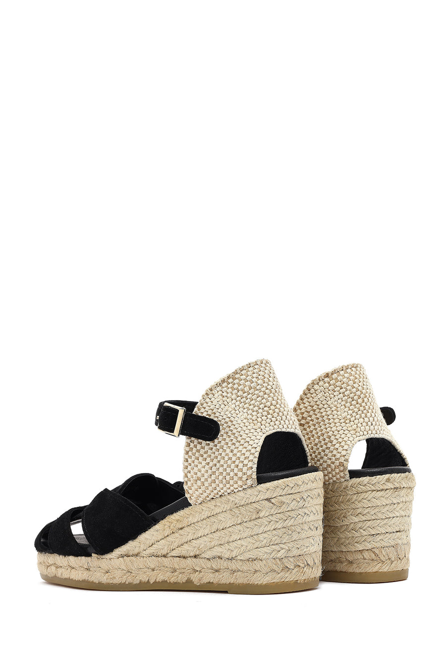 Women's Black Ankle Strap Wedge Heel Suede Leather Espadrille Sandals