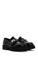 Women's Black Leather Thick Soled Patent Leather Casual Loafer | Derimod