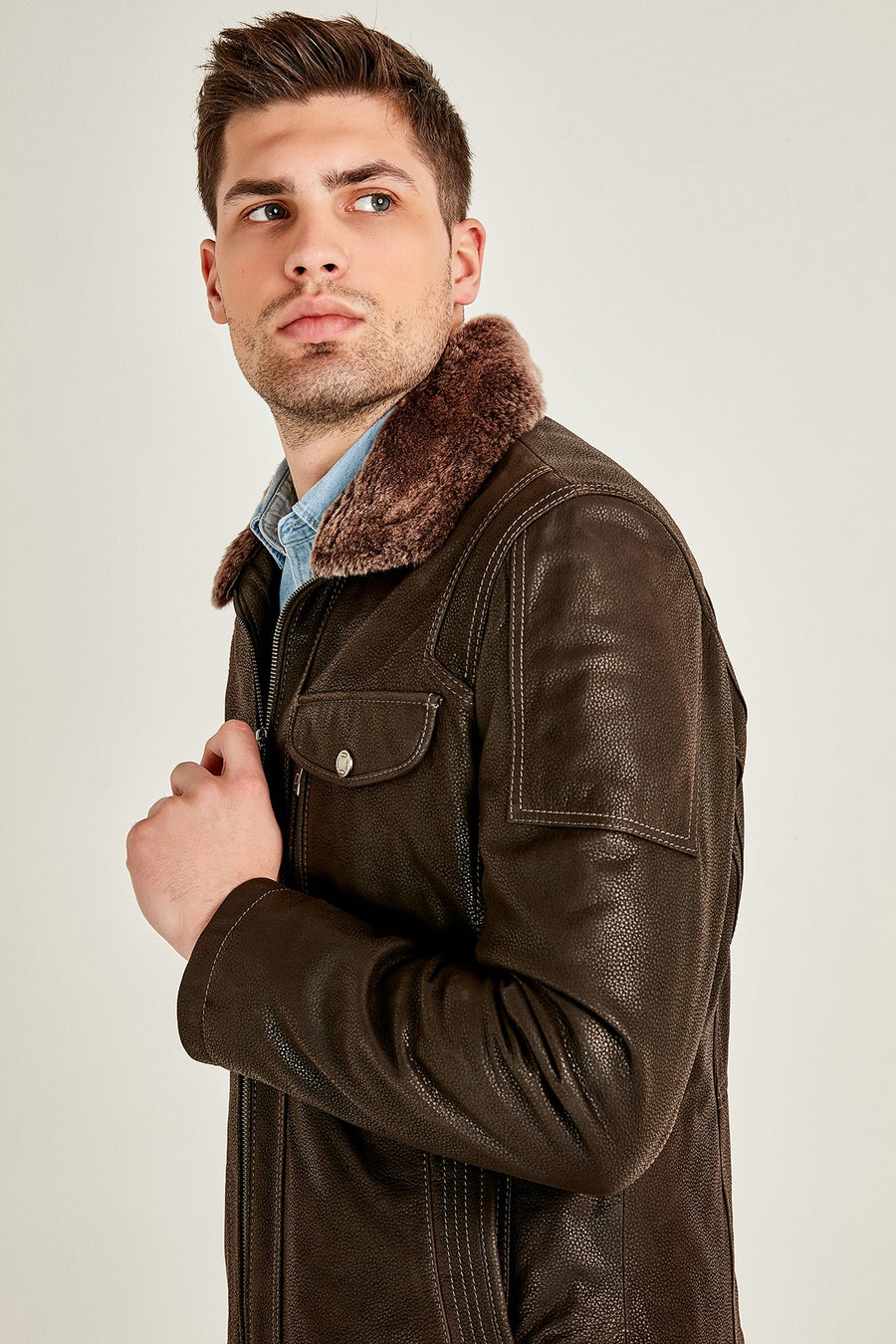 Angelo Men's Brown Leather Jacket with Fur Collar