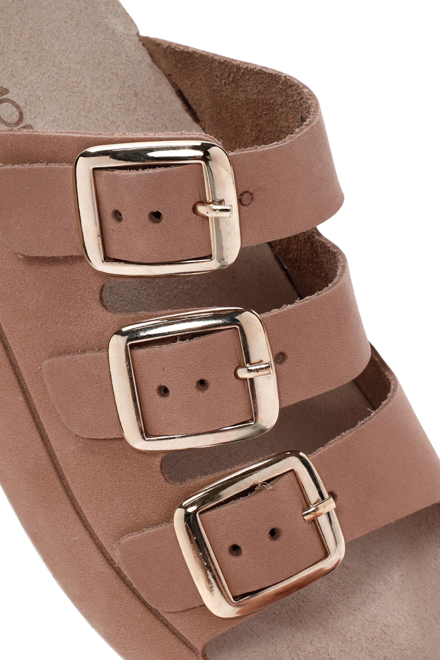 Women's Beige Buckled Nubuck Leather Comfort Slippers