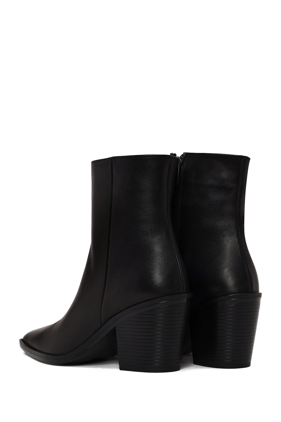 Woman Black Zip Closure Thick-Heeled Leather Boots