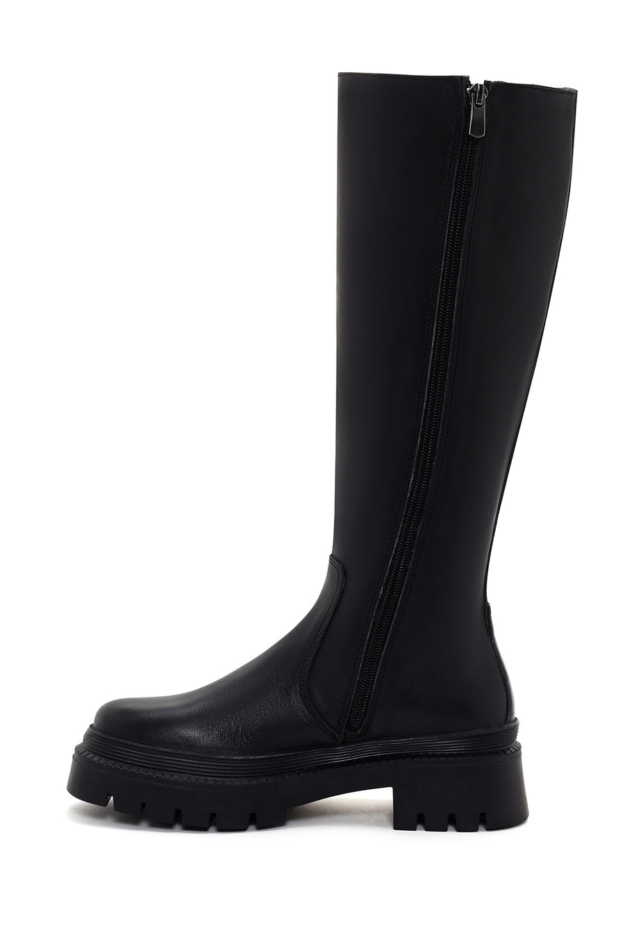Women's Black Leather Thick Soled Zippered Boots