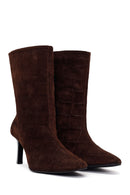 Woman Brown Thin Heeled Printed Suede Boots | Derimod