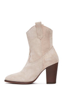 Women's Beige Suede Leather Cowboy Heeled Boots | Derimod